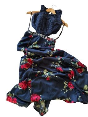 Elegant Navy Floral Maxi Nightdress with Red Rose Print